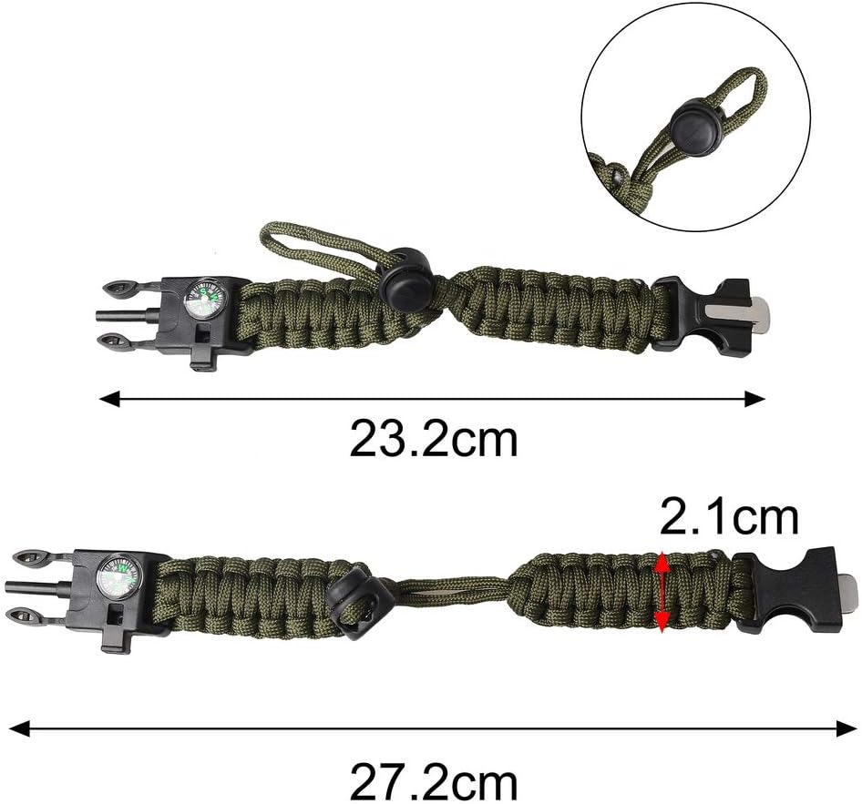 Survival Paracord Bracelet Flint Fire Starter Scraper Compass Wilderness Survival Whistle Adjustable Wristband 2Pack