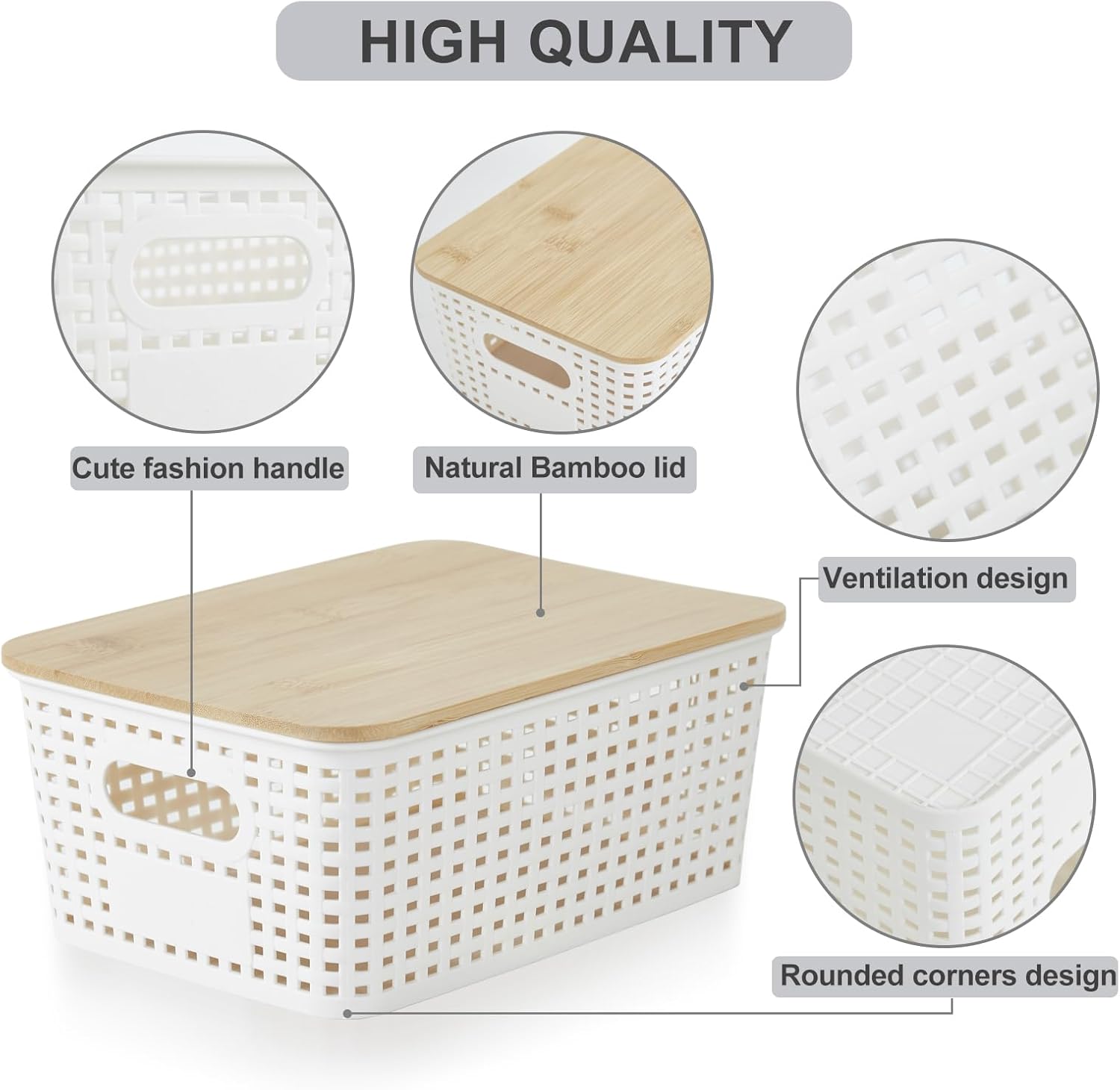 Small Plastic Storage Bins with Bamboo Lids 5.2qt Stackable Box Basket Pantry Decorative Containers Cute with Labels