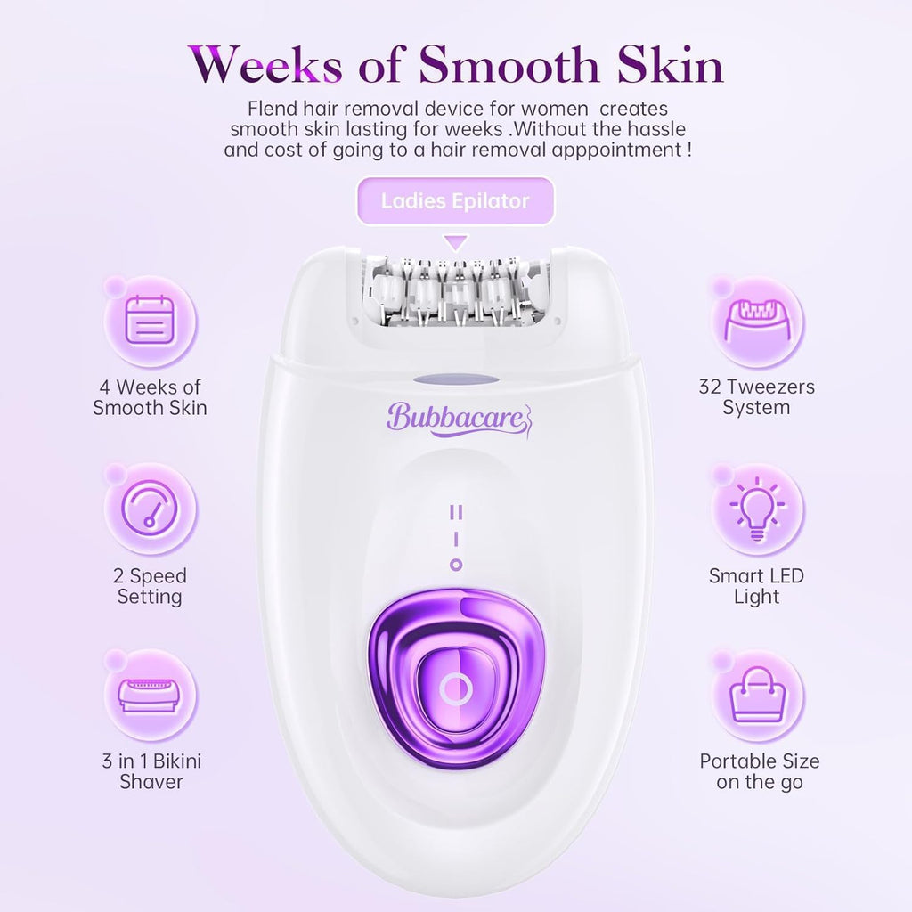 Epilator for Women, Cordless Facial Hair Removal Device with Shaver Head and Trimmer, Smooth Glide Epilators 2 Speeds
