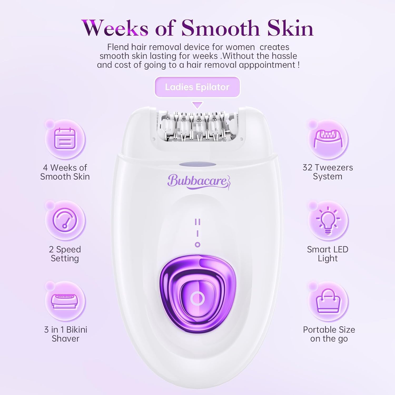 Epilator for Women, Cordless Facial Hair Removal Device with Shaver Head and Trimmer, Smooth Glide Epilators 2 Speeds