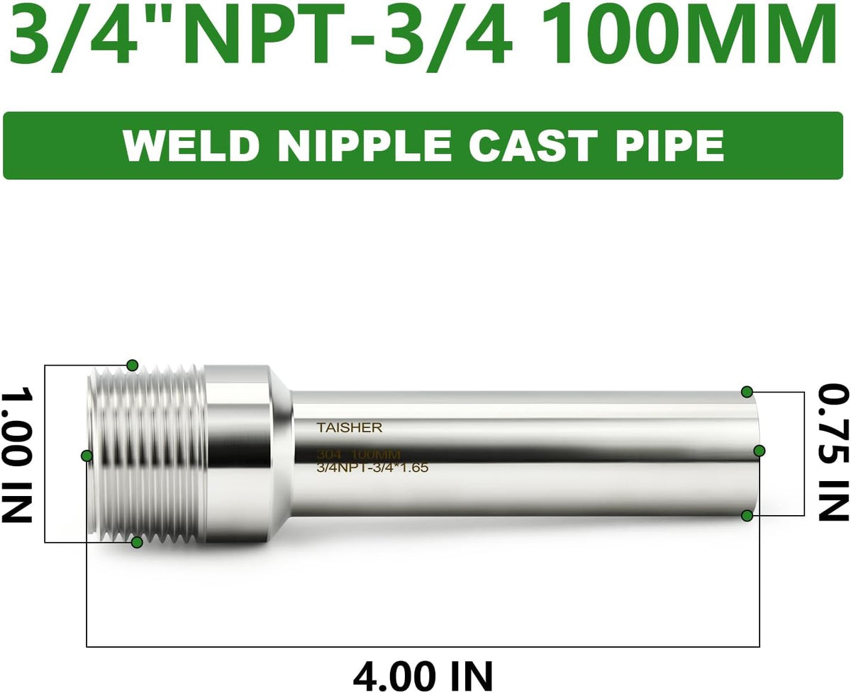 TAISHER 5PCS 304 Stainless Steel Pipe Fittings, 3/4" NPT Male Threaded, 4" Length Weld Nipple Cast Pipe