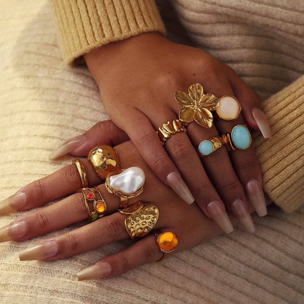 Chunky Gold Rings for Women Non Tarnish, Baroque Pearl Flower Tiger's Eye Stone Rings Adjustable Stacking Statement