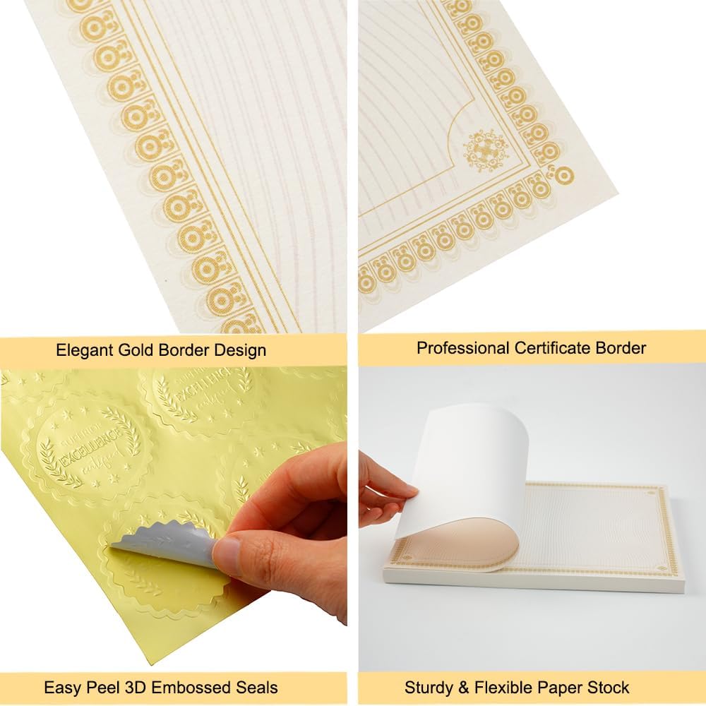 60 Sheets Printable Certificate Paper with Gold Seal Stickers | 8.5''x 11" ,130gsm Heavy Cardstock Compatible with