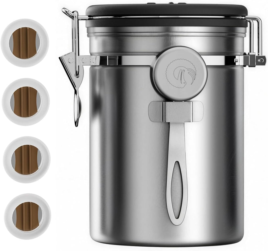 Coffee Canister - 22oz, Airtight Stainless Steel Kitchen Food Storage Container with Date Tracker, Scoop for Grounds
