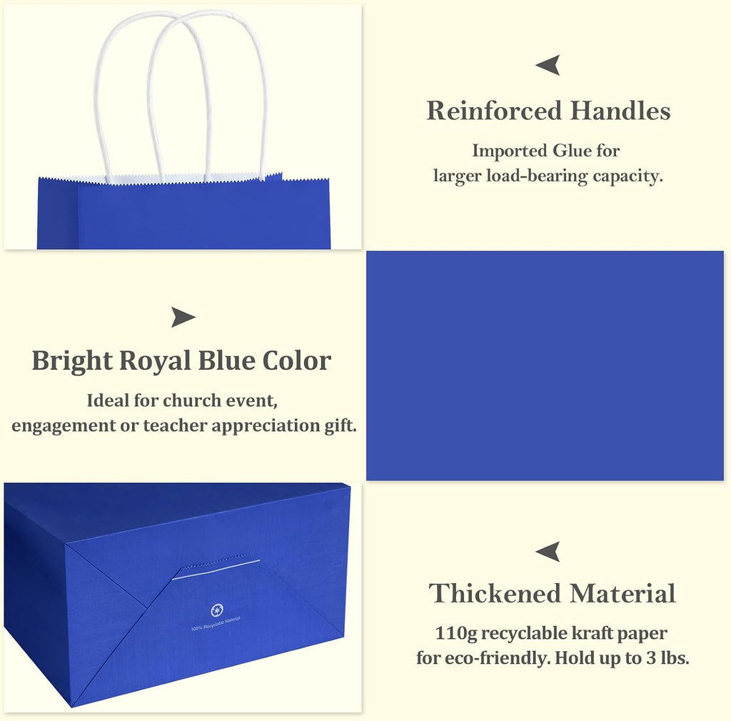 Gift Bags with Handles 5.25x3x8 Inch Royal Blue 100 Pack Bulk