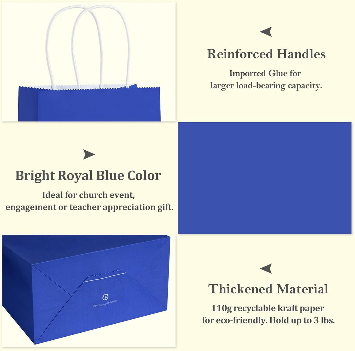 Gift Bags with Handles 5.25x3x8 Inch Royal Blue 100 Pack Bulk