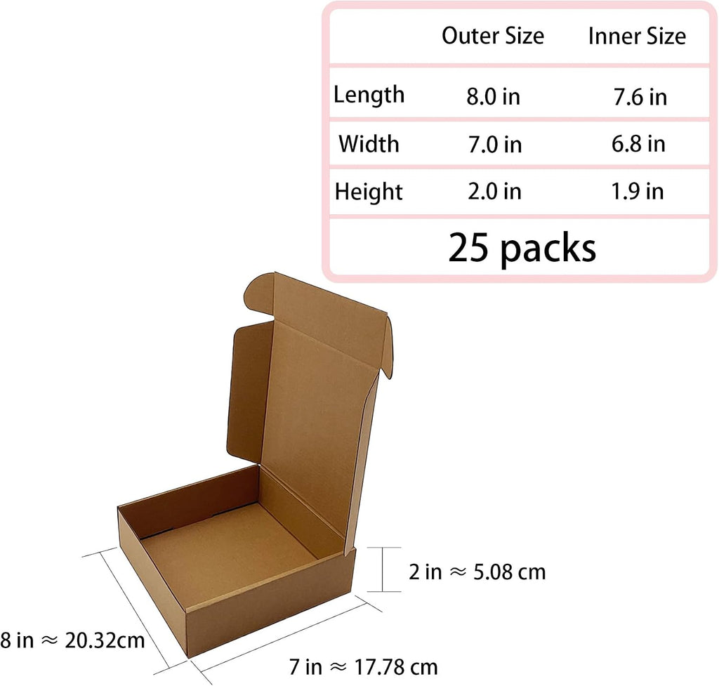 Shipping Boxes 8x7x2 inch 25 Pack, Brown Corrugated Mailers for E-Commerce