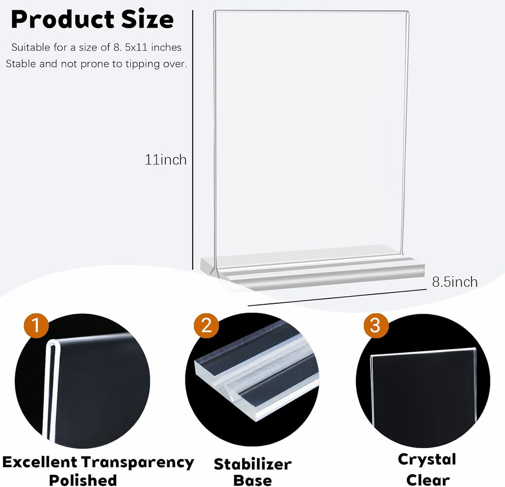 3 Pack Acrylic Sign Holder 8.5x11 Inches, Double Sided Clear Display Stand Table Top Paper Holder, Vertical Menu