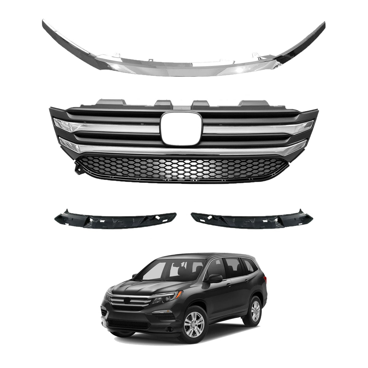 Pilot Front Upper Grille & Grill Trim Fits 2016 2017 2018 Hon-da Pilot