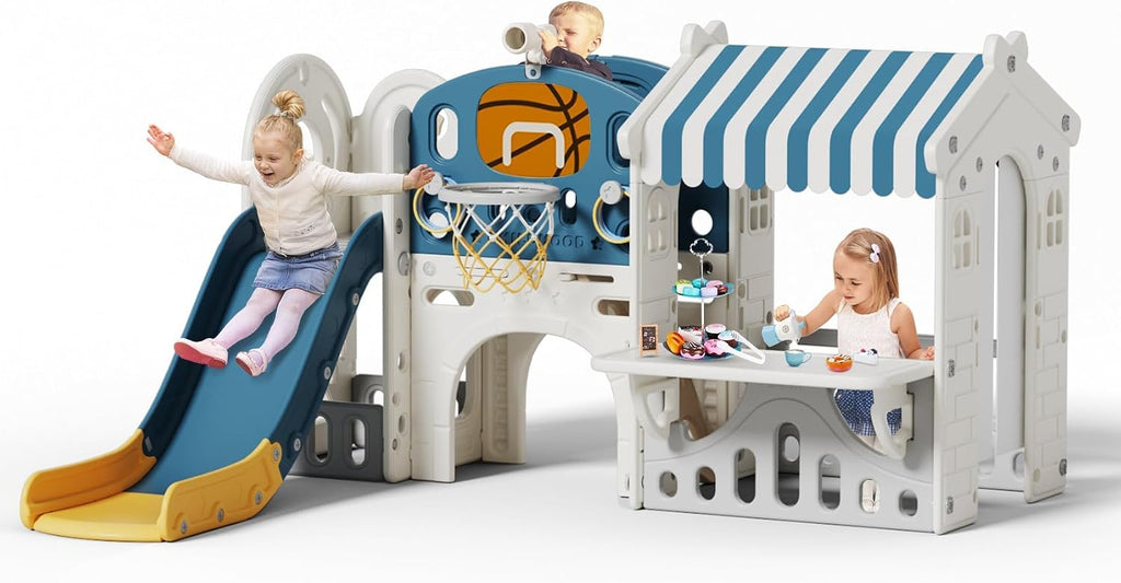 10 in 1 Toddler Slide with Basketball Hoop, Outdoor Slide for Toddlers Age 1-3 with Kid Playhouse, Indoor Toddler