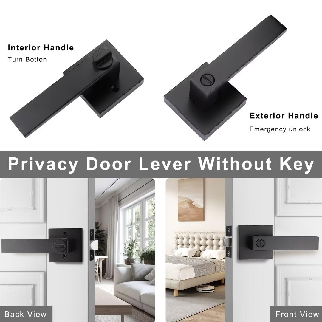 3 Pack Square Black Door Handles - Reversible Privacy Lever Keyless Interior Bed & Bath Handles