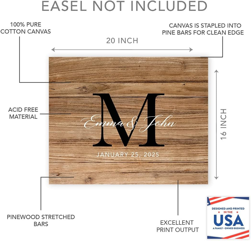 Custom Large Canvas Wedding Guest Book Alternative, 16 x 20 Inches, Rustic Wood Monogram Horizontal Personalized Sign