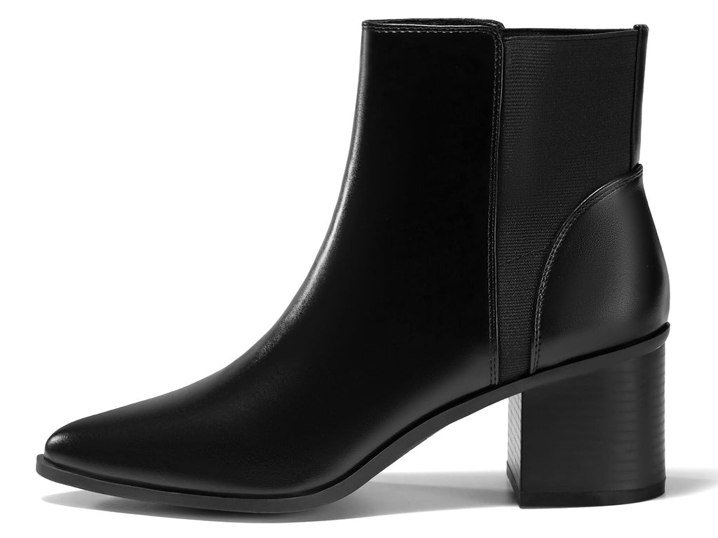 Womens Pointed Toe Ankle Boots Elastic Chunky Block Stacked Mid Heel Slip On Chelsea Booties