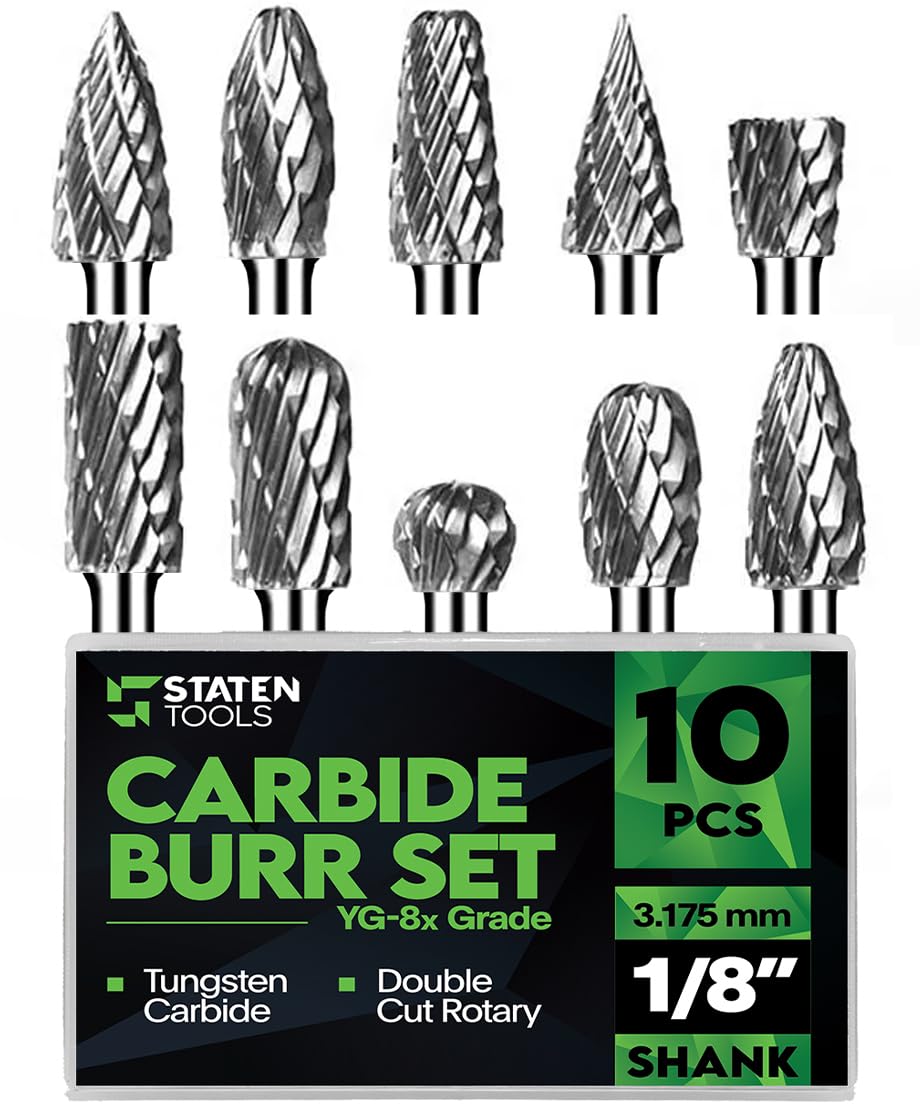1/8 In Carbide Burr Set 10-Pc Double Cut Die Grinder Bits for Metal