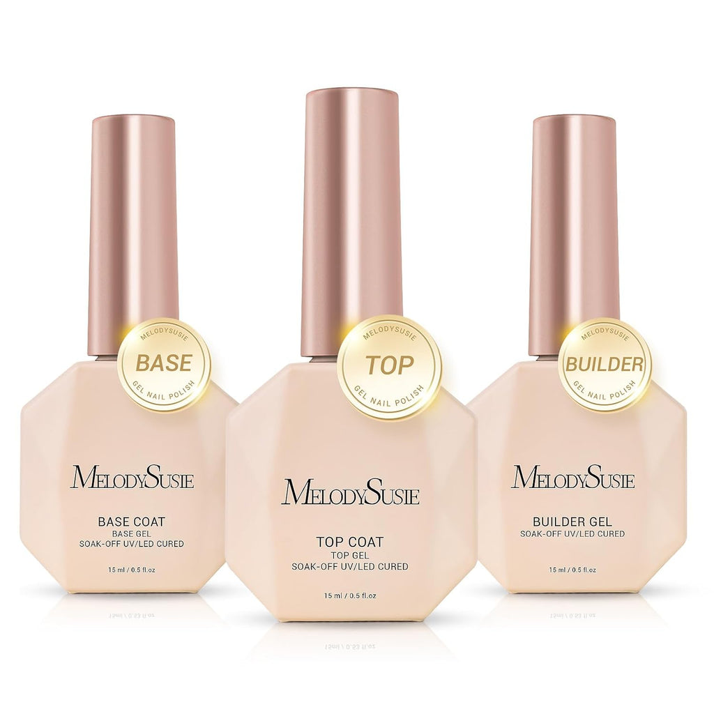 Top Coat Builder Gel Base Coat No Wipe Glossy Set 3 Pcs 15ml | Long Lasting Shine Finish Soak Off UV LED Nail Lamp