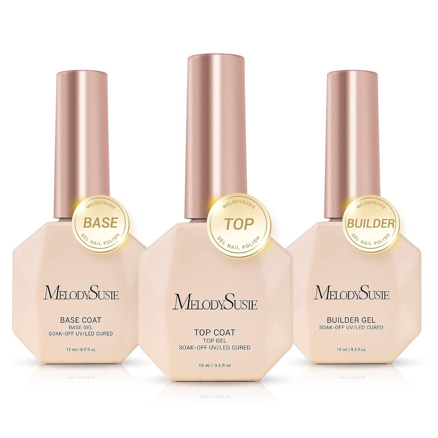 Top Coat Builder Gel Base Coat No Wipe Glossy Set 3 Pcs 15ml | Long Lasting Shine Finish Soak Off UV LED Nail Lamp