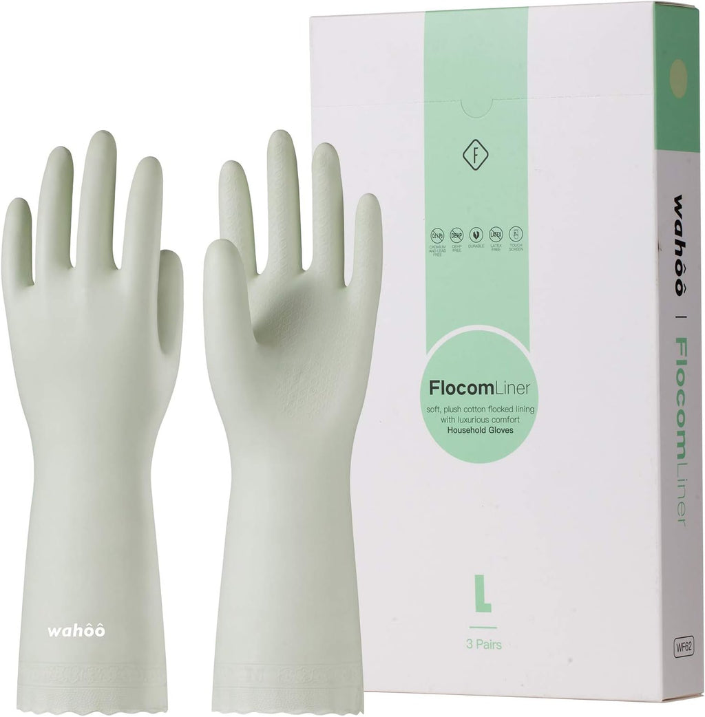 LANON 3 Pairs wahoo Skin-Friendly Cleaning Gloves, Dishwashing Kitchen Gloves with Cotton Flocked Liner, Reusable