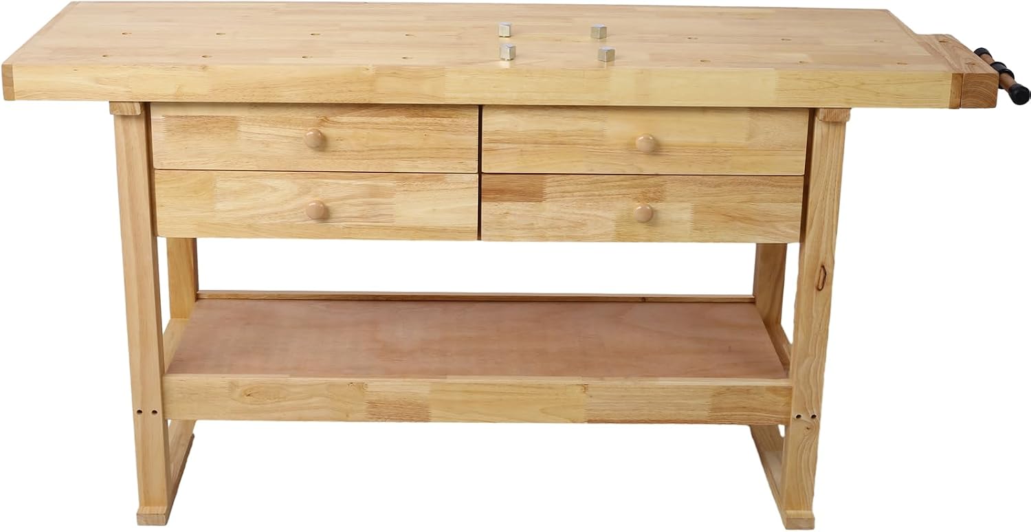 60-Inch Wood Workbench with 4 Drawer - 330lbs Weight Capacity Heavy Duty Portable Wood Work Bench Table for Garage