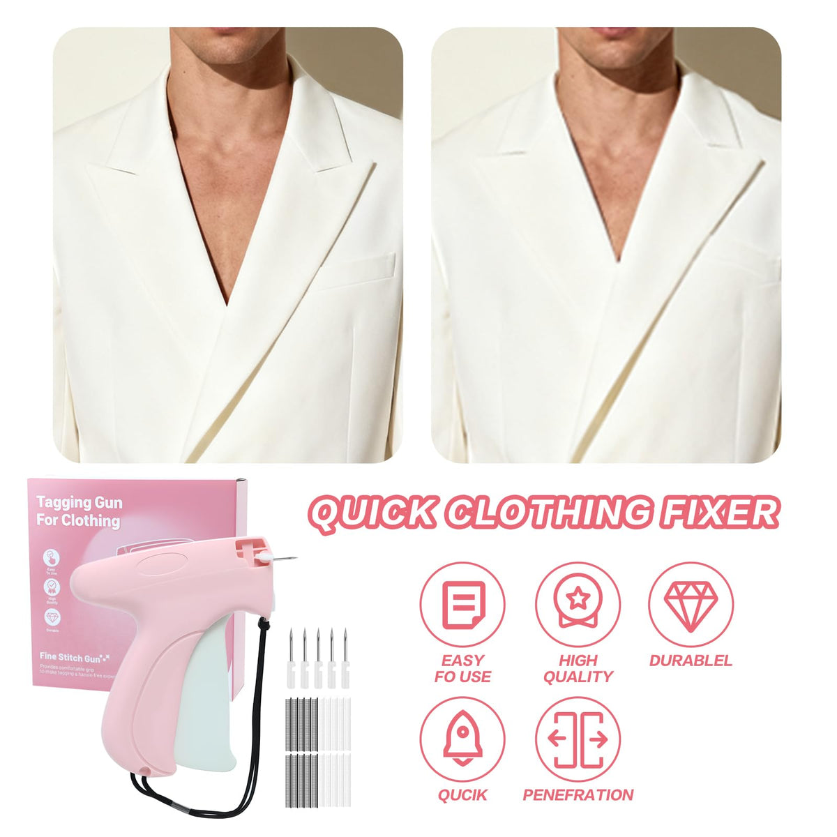 Stitch Gun for Clothes Handheld with 6 Needles, 1000 Black & 1000 White 5mm Mini Fasteners - Quick Clothing Fixer