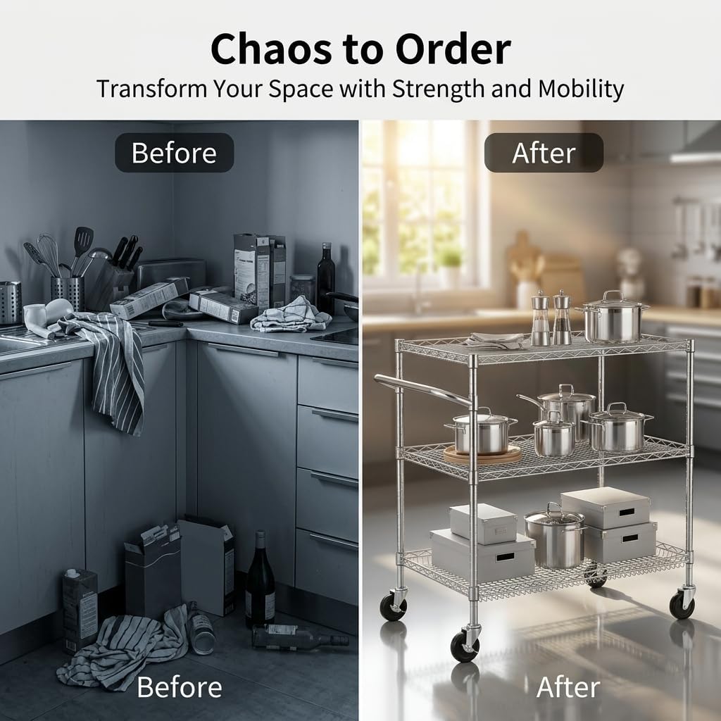 3 Tier Heavy Duty Commercial Grade Utility Cart, Wire Rolling Cart with Pushing Handle Bar, Steel Metal Kitchen
