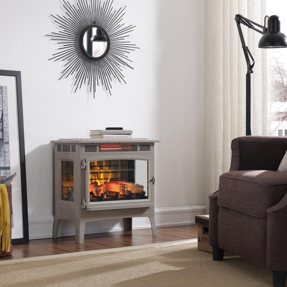 Freestanding Electric Fireplace Stove Heater with 3D Flame Effect for 1,000 Sq. Ft. Room, French Gray