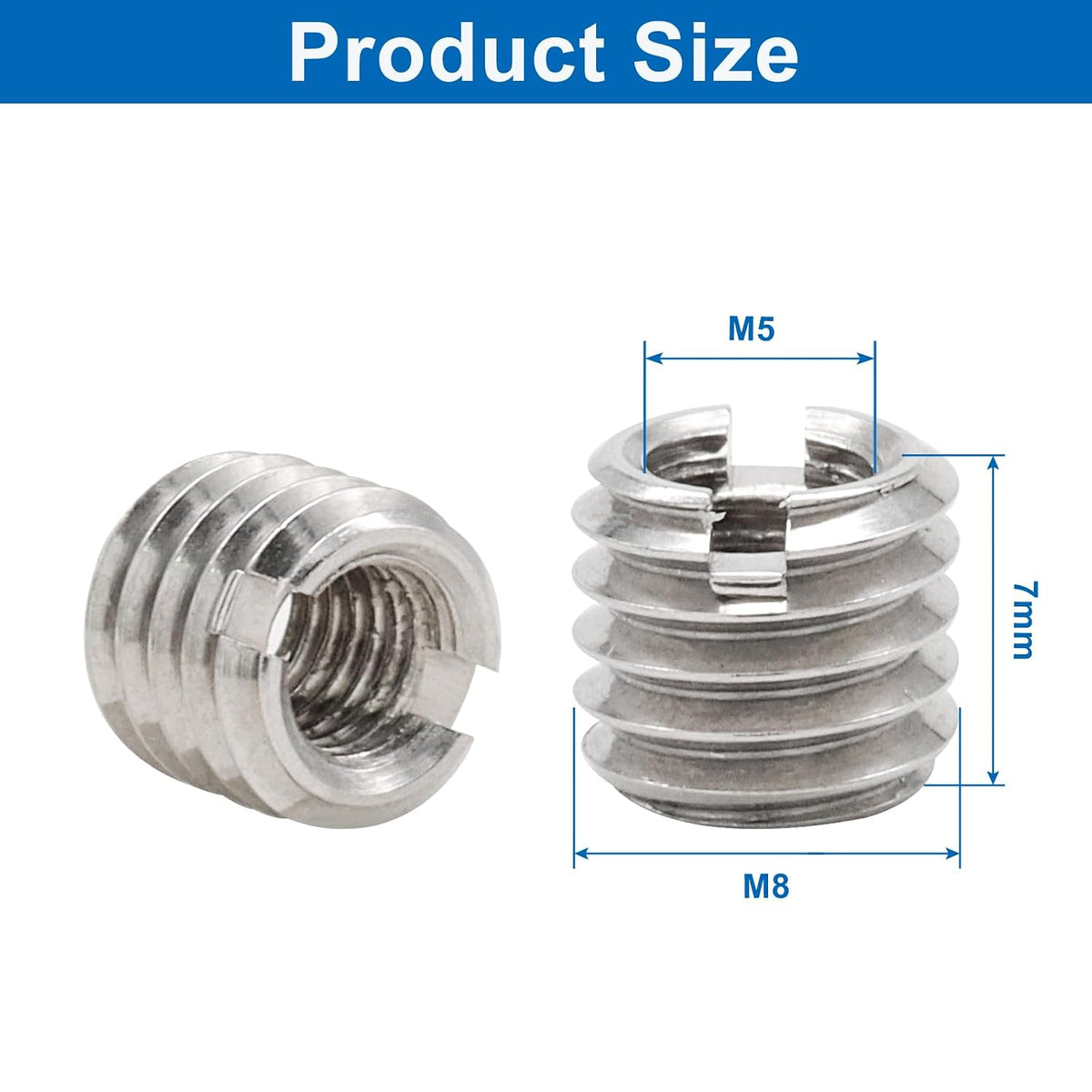 10Pcs Self Tapping Thread Inserts, Stainless Steel M5 Female M8 Male