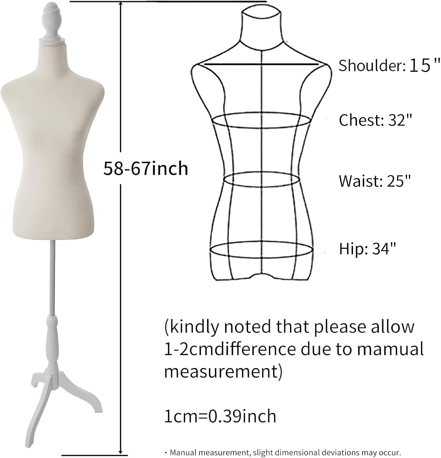 Female Dress Form Mannequin Torso Body with Adjustable Tripod Stand Dress Jewelry Display (Beige)