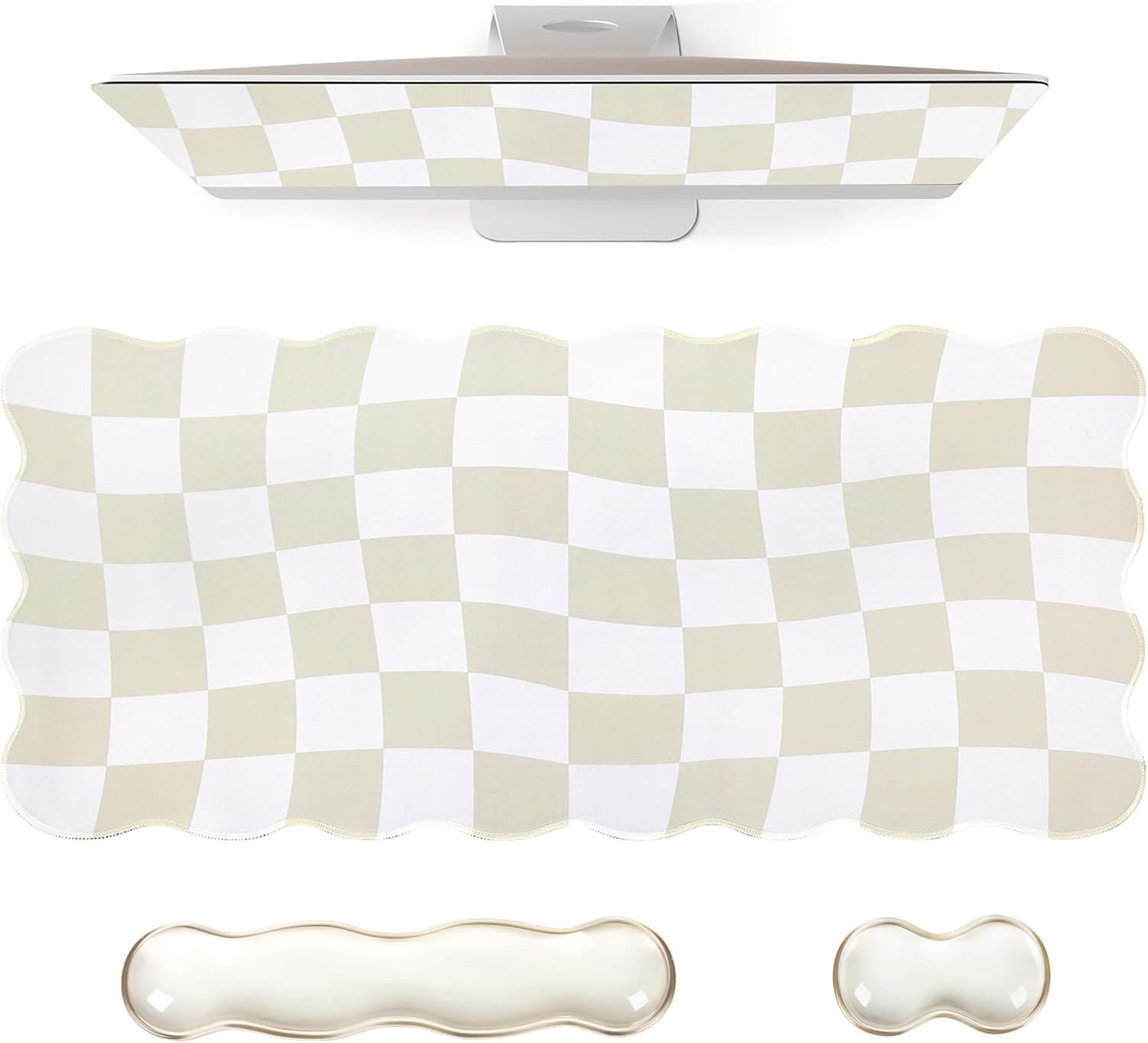 Beige Checkered Mouse Pad Set,Scalloped XXL Desk Mat Set | Desk Mat+Ergonomic Mouse Wrist Rest+Gel Keyboard Wrist