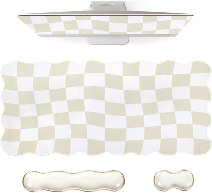 Beige Checkered Mouse Pad Set,Scalloped XXL Desk Mat Set | Desk Mat+Ergonomic Mouse Wrist Rest+Gel Keyboard Wrist