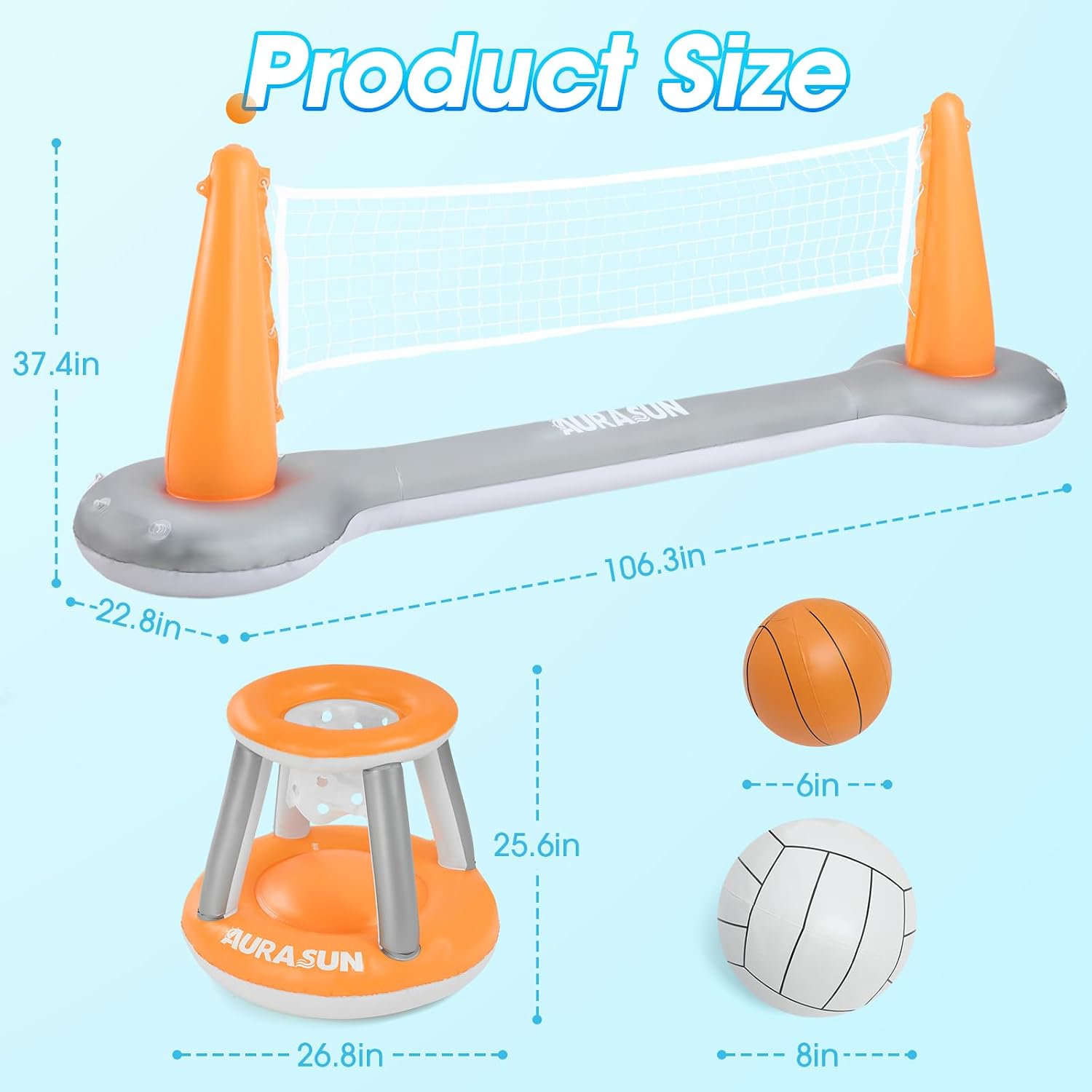 Inflatable Pool Volleyball Net, Floating Swimming Pool Set with Basketball Hoop, Summer Pool Game Toy for Kids and