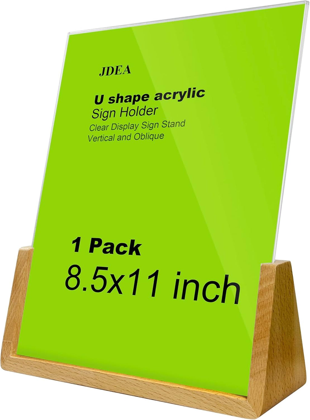 U-shaped Acrylic Sign Holder with Wood Base Menu Holder Flyer Holder Poster Stand Photo Stand Widened Base Windproof