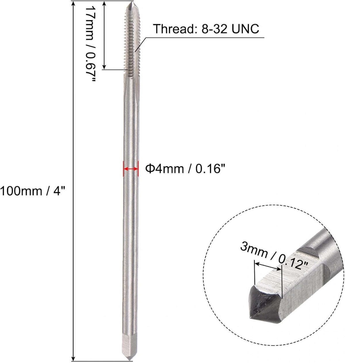 uxcell Thread Milling Taps, #8-32 UNC High Speed Steel (HSS) 3 Straight Flutes Machine Screw Thread Threading Tap, 4" Length (Extra Long)