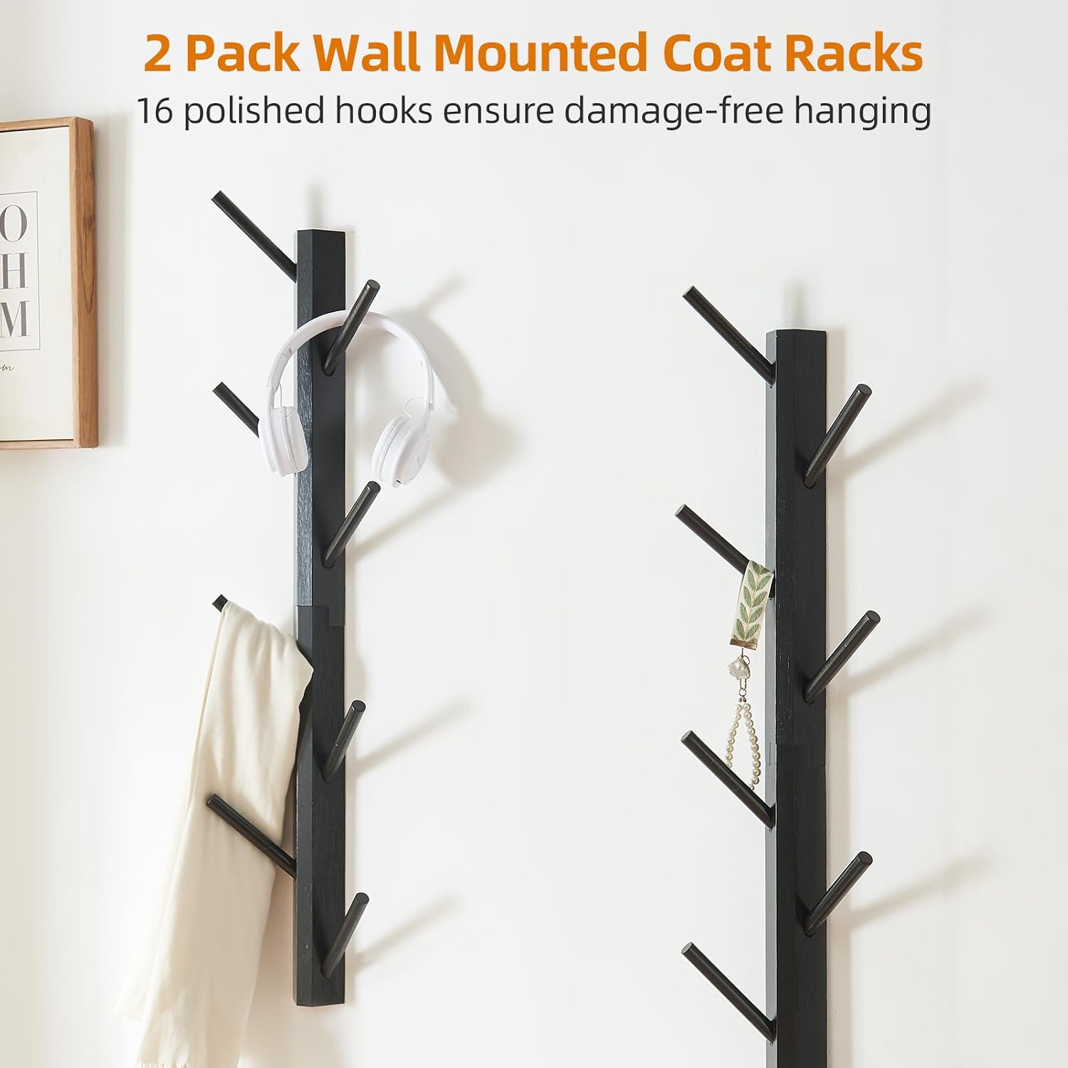 2 Pack Coat Rack Vertical Wall Mount, Bamboo Coats Hooks Clothes Holder Hanger for Wall Coat Hat Jacket Clothing