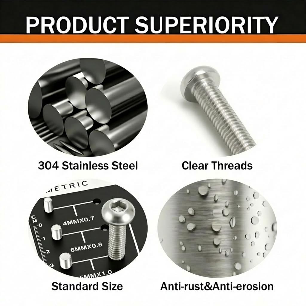 M4 x 16mm (50 Pack) Button Head Socket Cap Screws, 304 Stainless Steel 18-8, Bright Finish, Fully Machine Thread