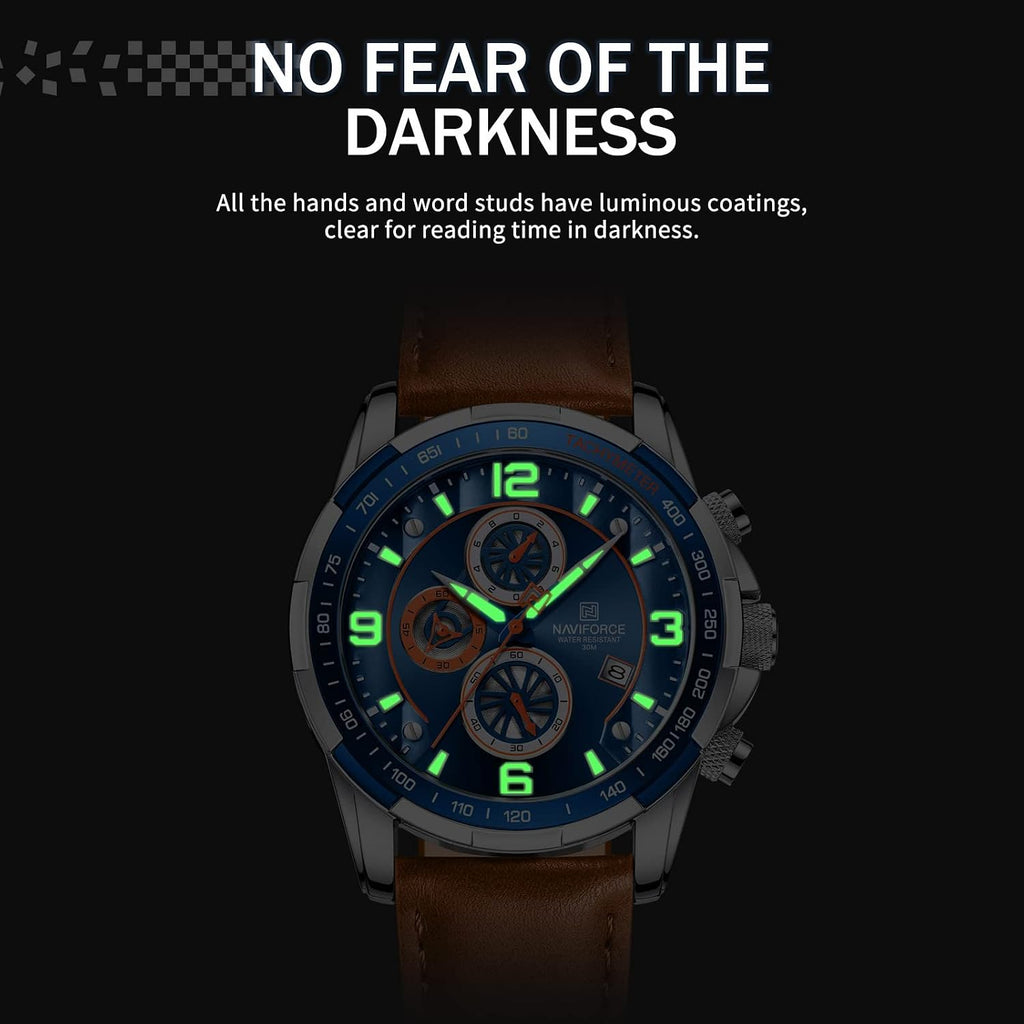 Sport Watches for Men Analog Quartz Chronograph Leather Strap Wrist Watch
