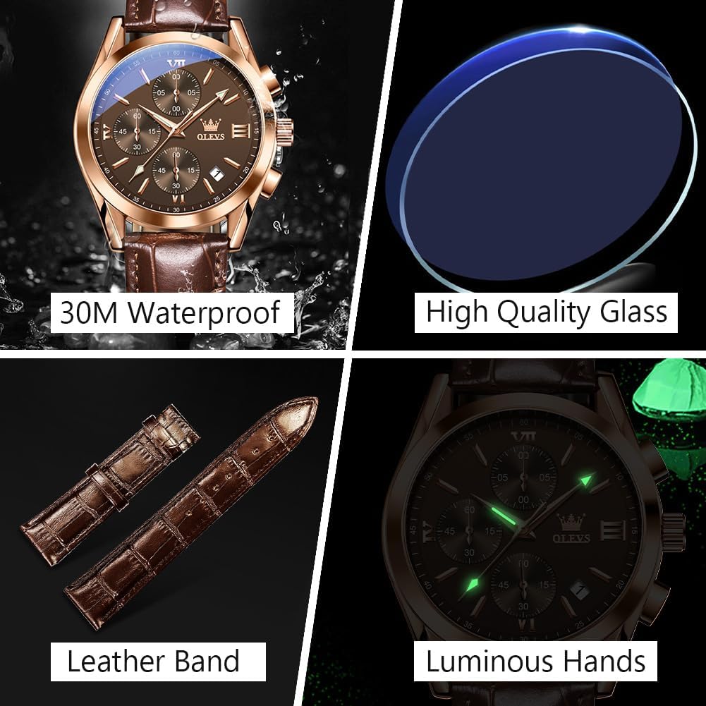 Men's Casual Leather Watch, Big Face Chronograph Watch for Men, Fashion Easy to Read Dress Watch, Men's Waterproof
