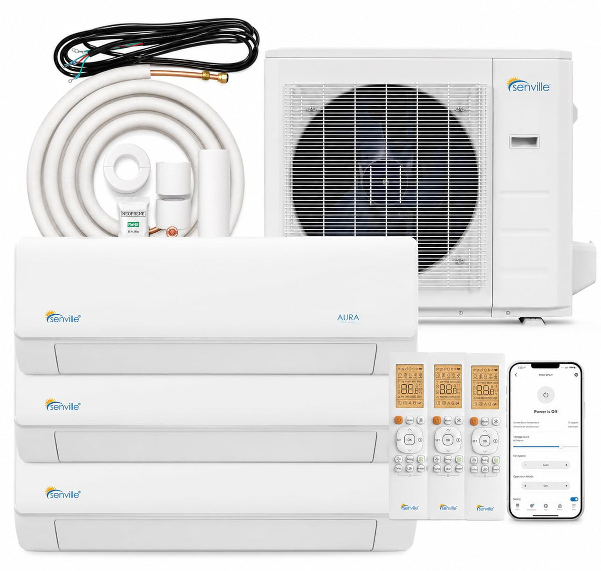 Mini Split Air Conditioner Heat Pump, White, Tri Zone, 28000 BTU