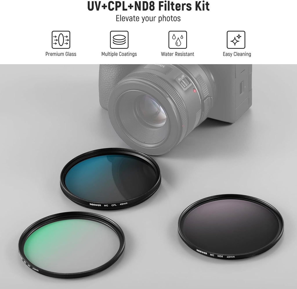 49mm UV CPL ND Lens Filter Kit, UV Protection + Circular Polarizing + Neutral Density (ND8) Camera Lens Filter Set