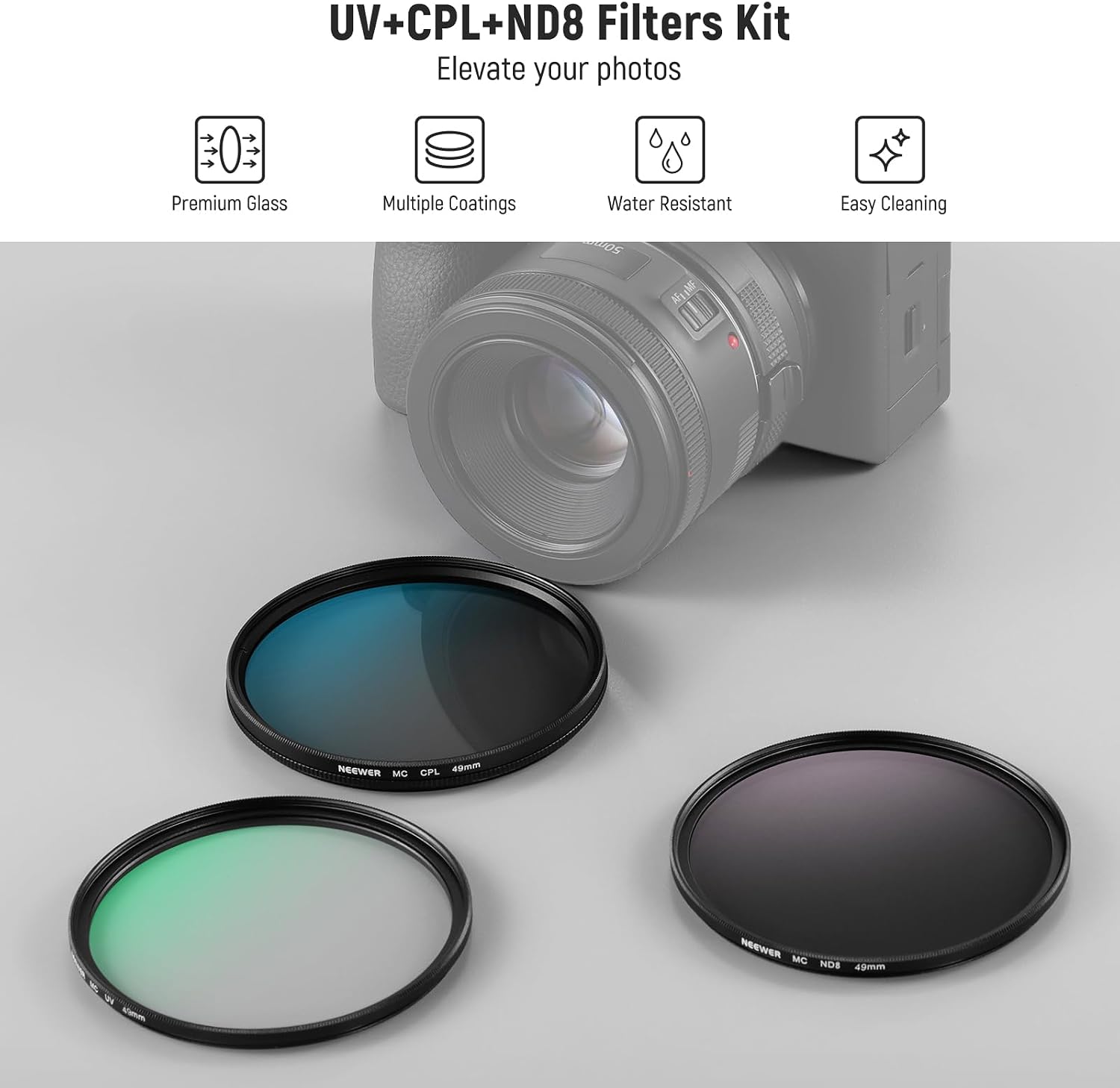 49mm UV CPL ND Lens Filter Kit, UV Protection + Circular Polarizing + Neutral Density (ND8) Camera Lens Filter Set