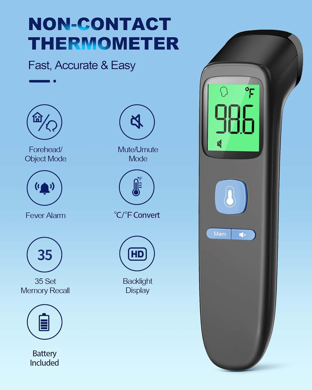 No-Touch Forehead Thermometer for Adults, Infrared Digital Baby Thermometer for Kids, Accurate Reading with Large