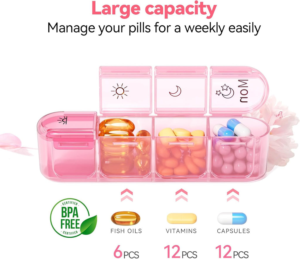 Pill Organizer 4 Times a Day, BPA Free Weekly Travel Pill Box，Daily Pill Case with 28 Compartments to Hold Medicine