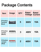 Terminal Block, 5 Circuits 600V 15A Dual Row Screw Terminal Strip, 5 Sets