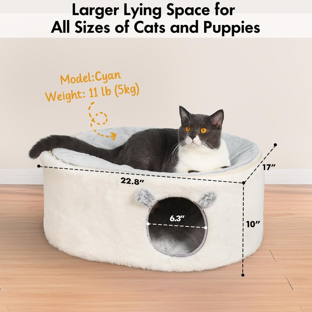 Cat Bed for Indoor Cats, Fluffy Large Enclosed Cat House Cave Pet Bed Hammock with Removable Washable Cover for