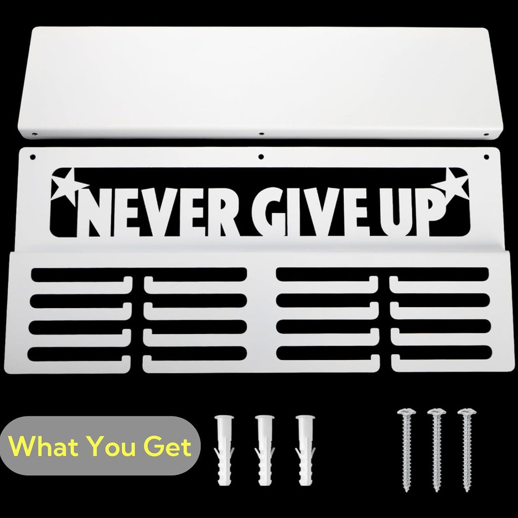 16" White Medal Hanger Display with Trophy Shelf, Holds 64+ Medals, Never Give Up Heavy Duty Metal Wall Mounted Award