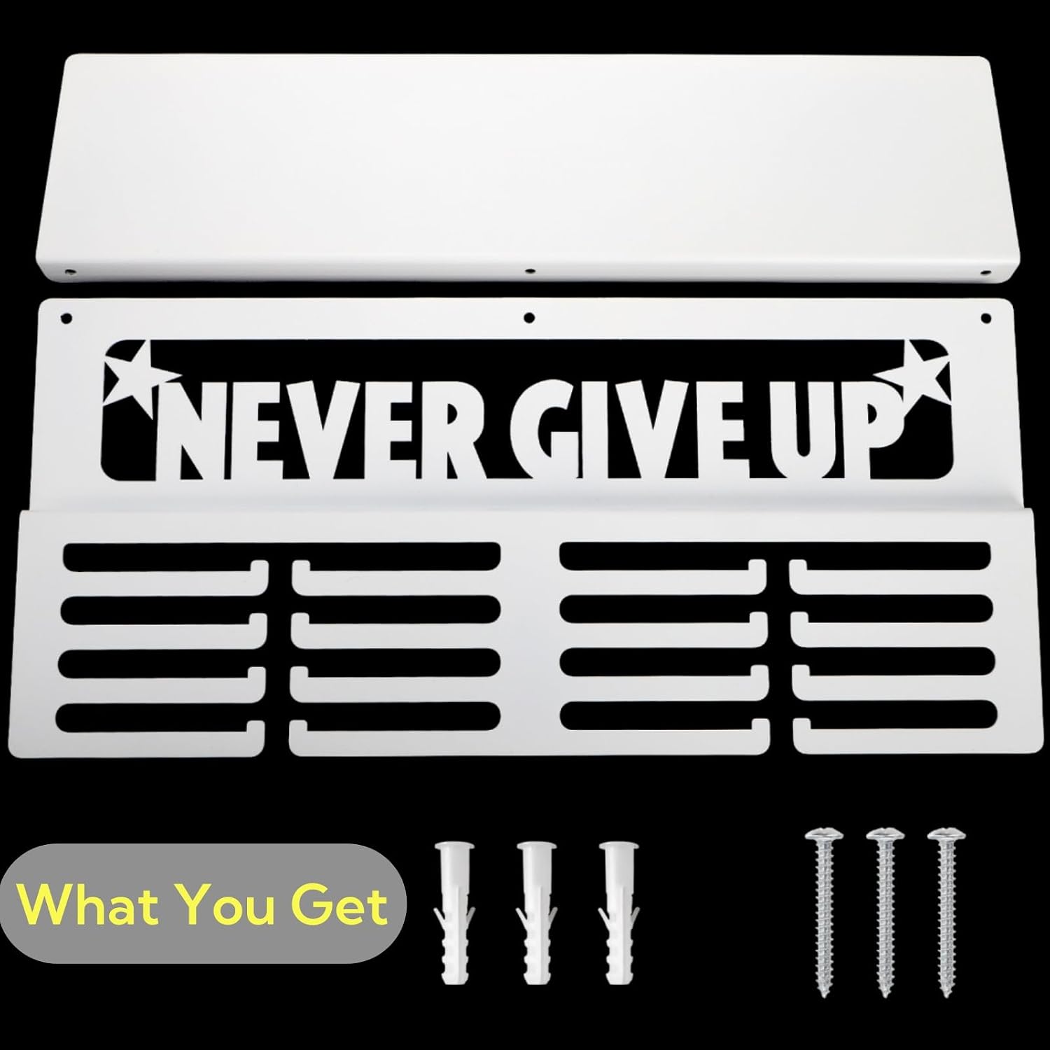 16" White Medal Hanger Display with Trophy Shelf, Holds 64+ Medals, Never Give Up Heavy Duty Metal Wall Mounted Award