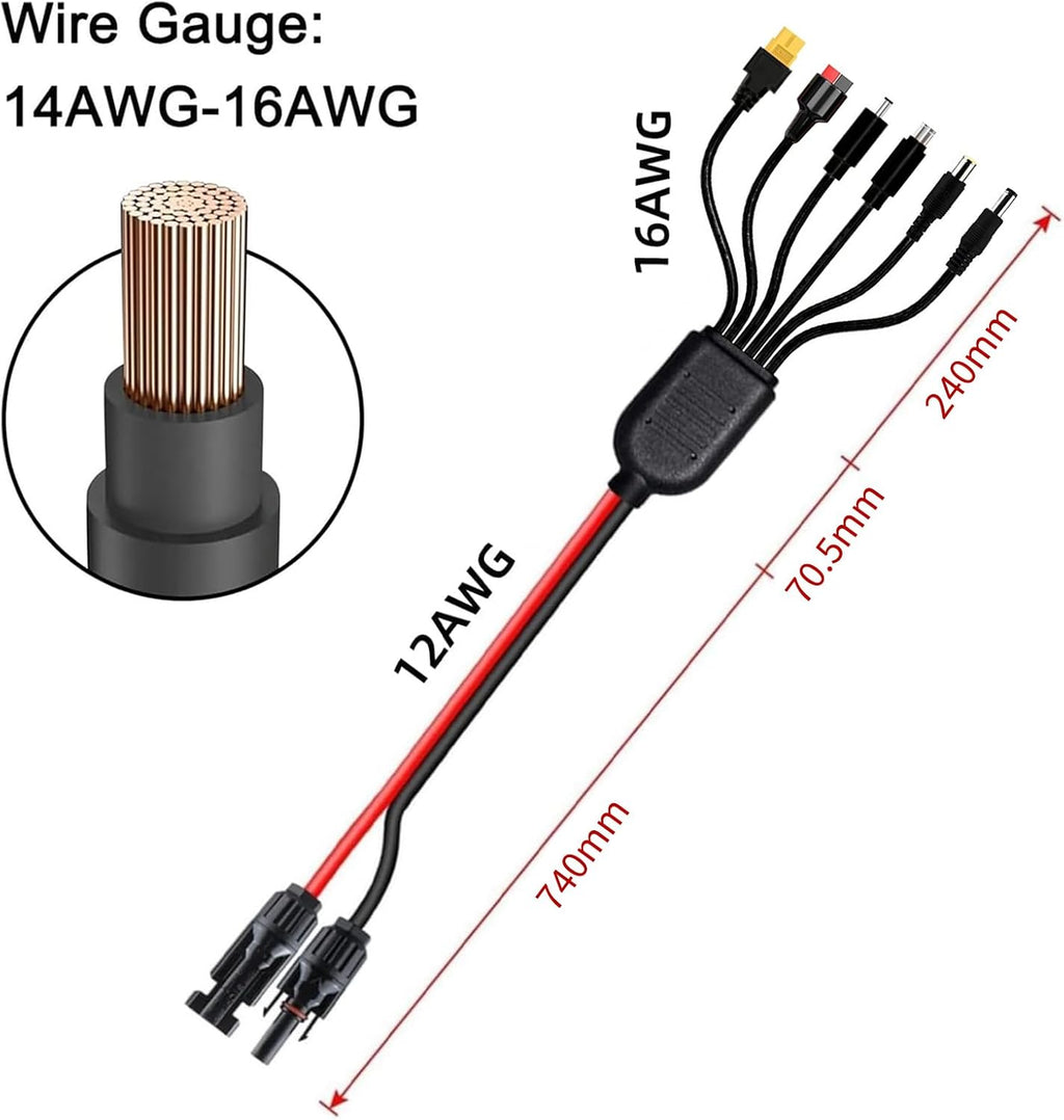 6 in 1 Solar Extension Cable XT60 Anderson DC Adapters 3.6FT | Pure copper, IP67 waterproof, 12AWG 16AWG. Connects