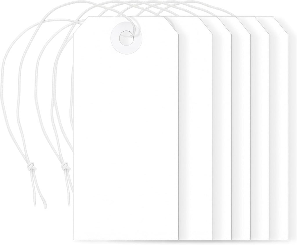 White Shipping Tags w/Elastic Strings, 4¾″ x 2⅜″, 100-Pack Manila Paper