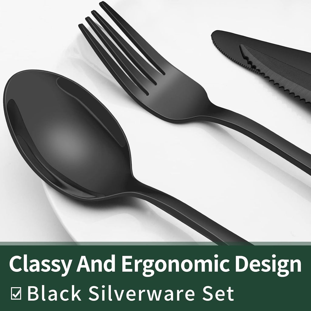 24-Piece Black Silverware Set with Steak Knives, Black Flatware Set for 4, Food-Grade Stainless Steel Tableware
