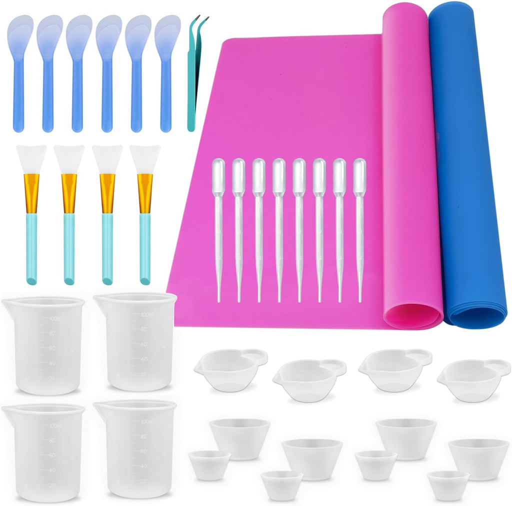 Epoxy Resin Mixing Tools Kit 36Pcs, Reusable Soft Silicone Tools, Includes A3 Non-Stick Silicone Mat, Measuring Cups
