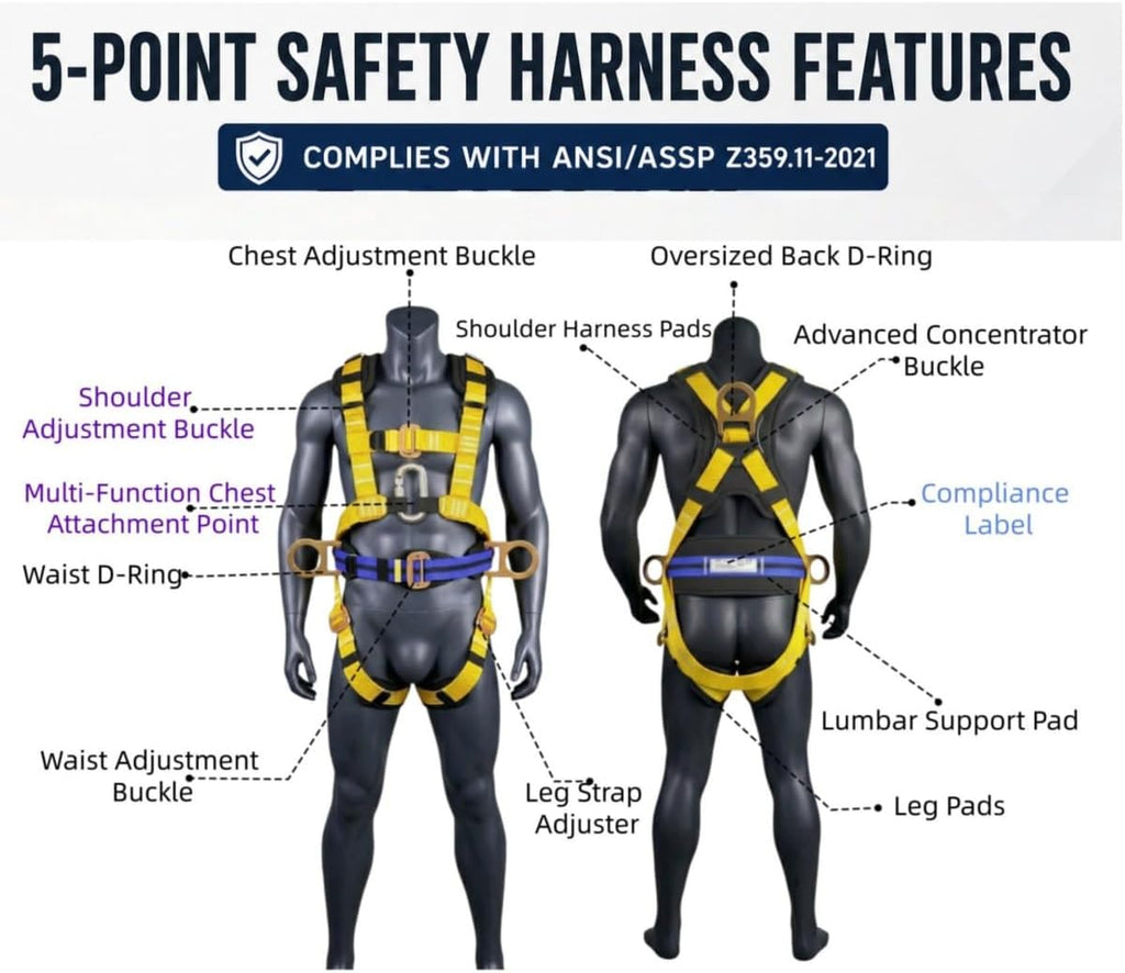 50FT Roofer's Safety Bucket Kit – Upgrade Safety Harness, Roof Anchor, Reusable Roofing Knee Pads，and 50ft Vertical